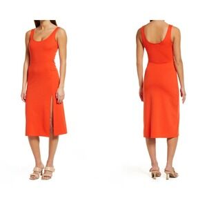 Open Edit Orange Sleeveless Scoop Neck Midi Dress with Slit - XS